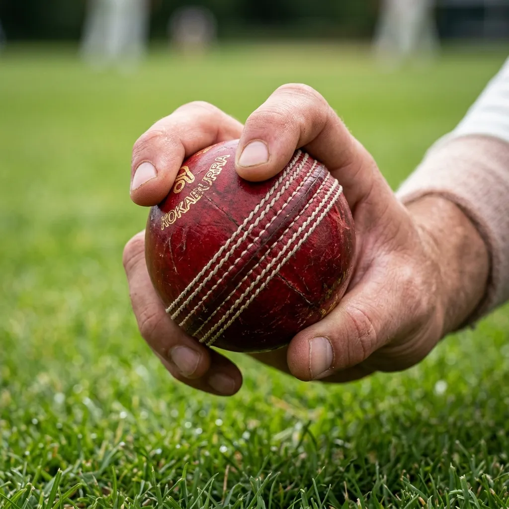 Middle overs spin strategy showing close up grip on a cricket ball seam