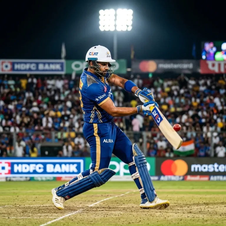 Powerplay batting tactics of a T20 cricket batsman executing a powerful shot under lights