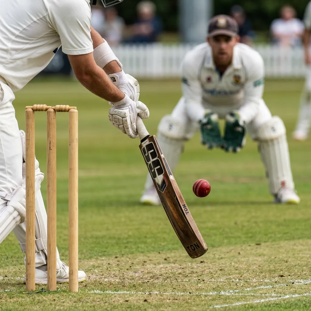 Cricket batsman standing outside the crease to block swing during the Powerplay